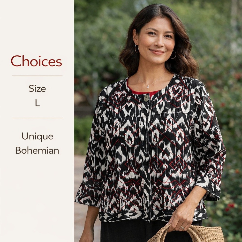 Choices Women Ikat Print Red Diamond Stitch Cotton Blazer Jacket Black White L